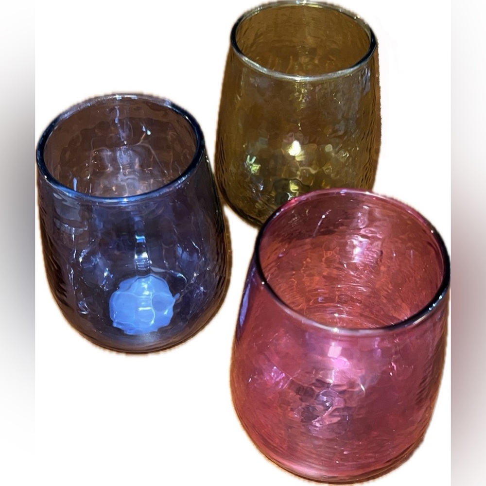 Karma Catalina Stemless Wine s/3-indigo/celery/raspberry hammered texture-NWT